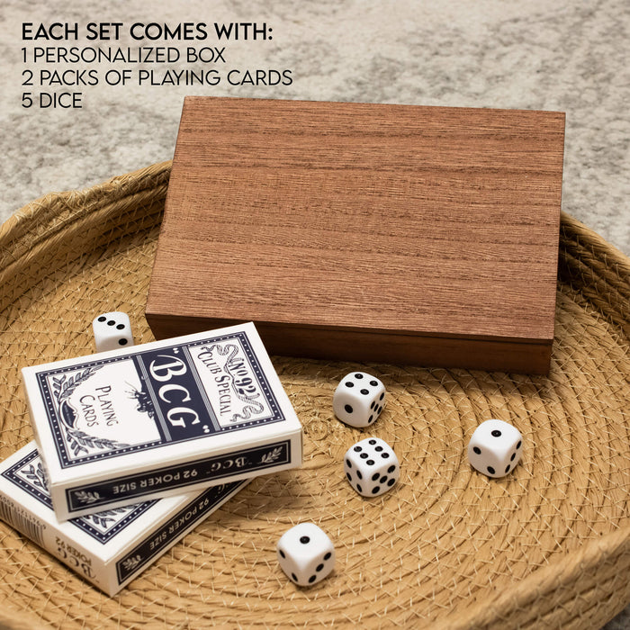 Wooden card box, with 2 decks of ards and 5 dice.