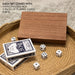 Wooden card box, with 2 decks of ards and 5 dice.