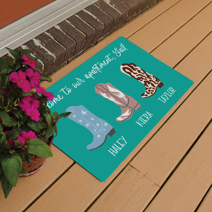 Personalized "Welcome To Our Apartment, Ya'll" Housewarming Cowgirl Boots Door Mat