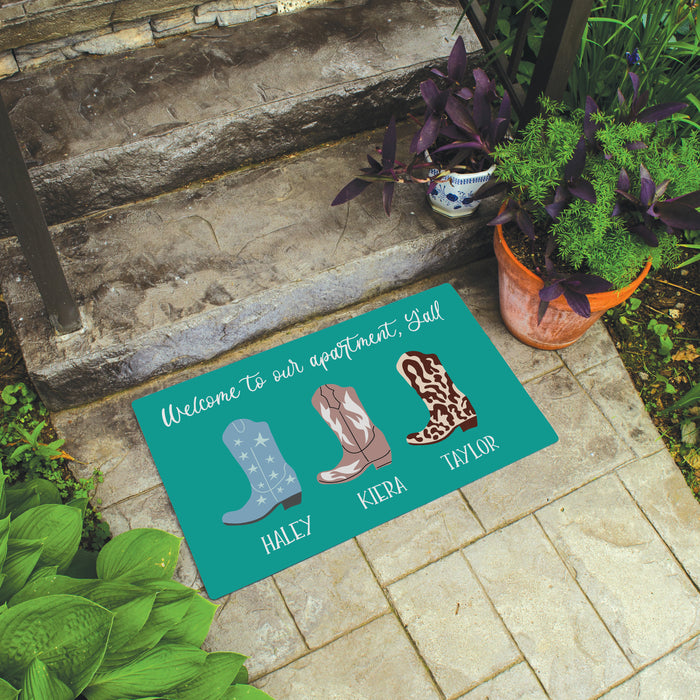 Personalized "Welcome To Our Apartment, Ya'll" Housewarming Cowgirl Boots Door Mat