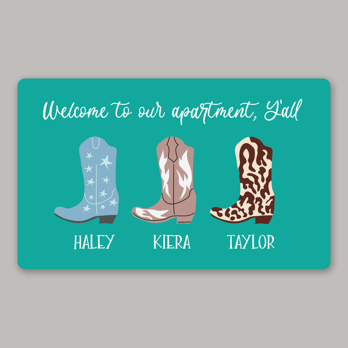 Personalized "Welcome To Our Apartment, Ya'll" Housewarming Cowgirl Boots Door Mat