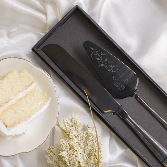 Floral Engraved Wedding Cake Server Set