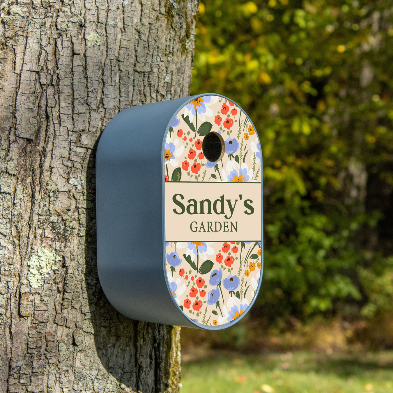 Blue Personalized Garden Bird House on a tree