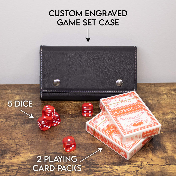 The playing cards and dice same set comes with a personalized case, five dice and two packs of playing cards