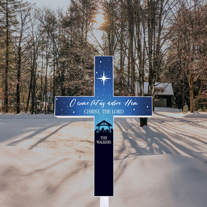 Personalized "O Come Let Us Adore Him" Christmas Solar Garden Stake Cross