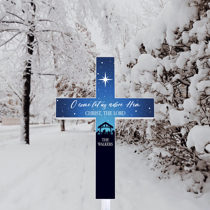 Personalized "O Come Let Us Adore Him" Christmas Solar Garden Stake Cross