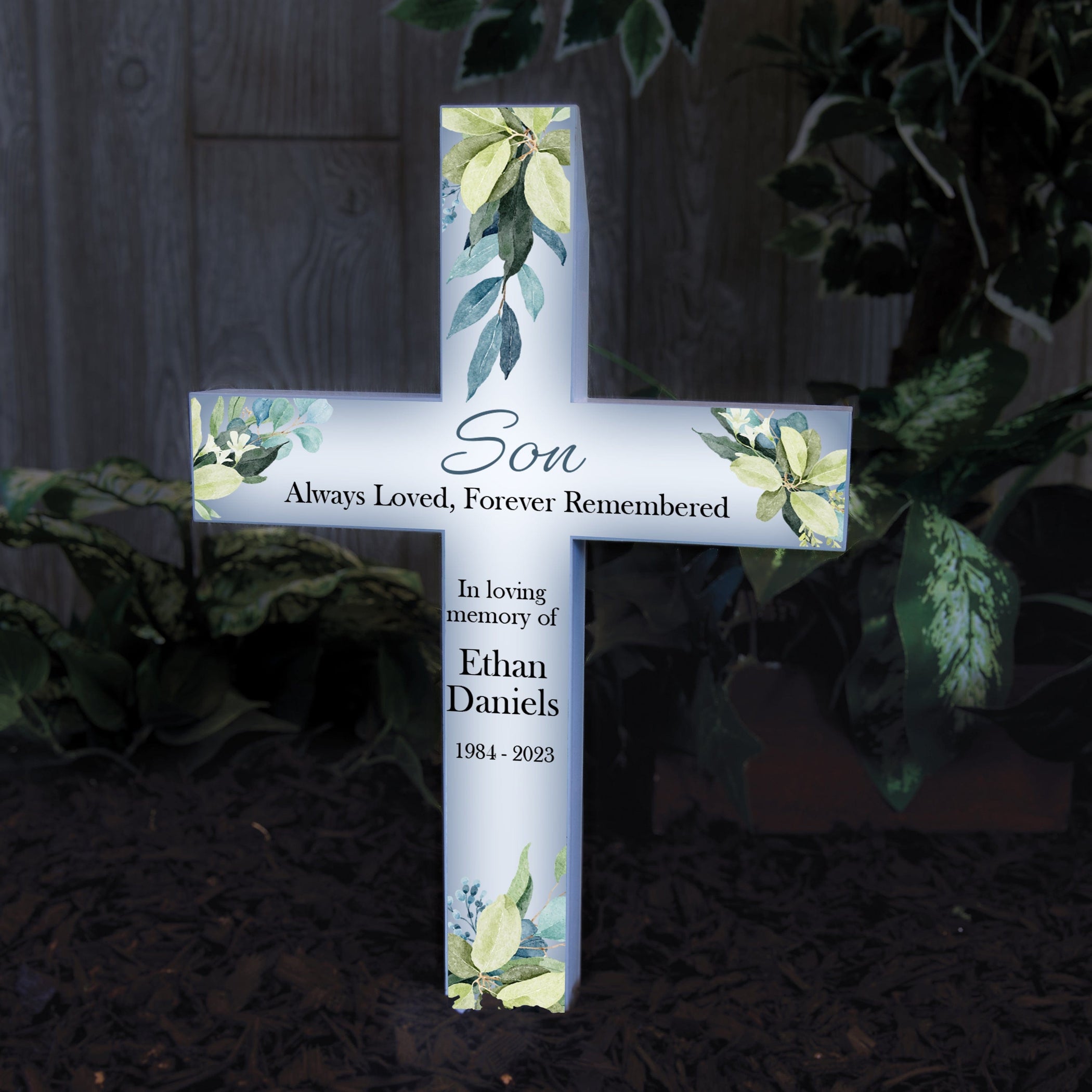Personalized “Son Forever Remembered” Memorial Solar Cross — 28 Collective