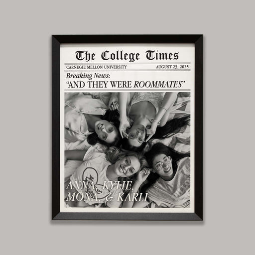 Framed newspaper print titled 'The College Times' with a black and white photo of roommates