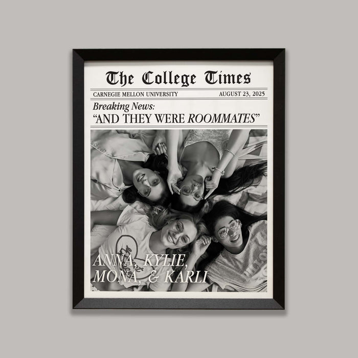 Framed newspaper print titled 'The College Times' with a black and white photo of roommates