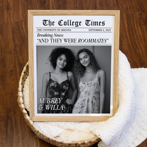 Framed college newspaper-style poster with two women 
