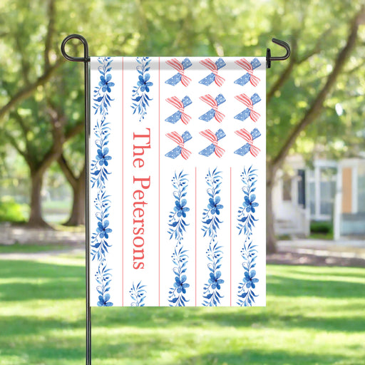 Custom garden flag printed with the USA flag made from floral elements and bows