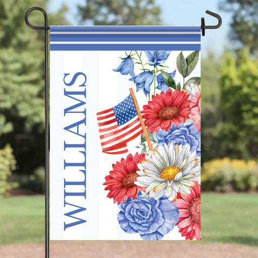 custom USA garden flag with family name displayed outdoors