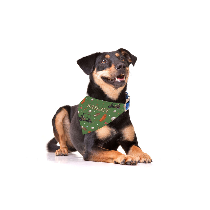 Dog wearing a personalized golf-themed bandana with text on a white background