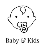 Black and white illustration of a baby's head with a pacifier and 'Baby & Kids' text on a white background