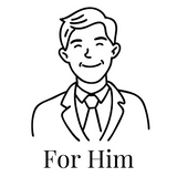 Black and white line drawing of a smiling man in a suit with 'For Him' text below.