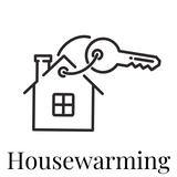 Logo with a house and key symbolizing a housewarming event on a white background.