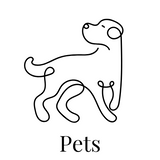 Simple line drawing of a dog with the word 'Pets' below on a white background