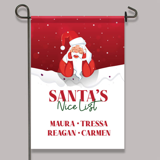 Decorative garden flag with Santa Claus and 'Santa's Nice List' text on a red and gray background personalized with names