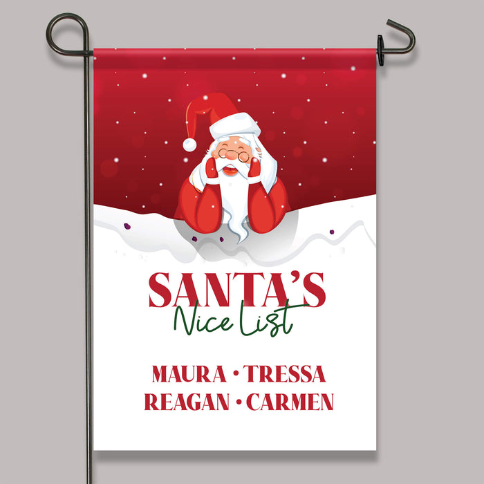 Decorative garden flag with Santa Claus and 'Santa's Nice List' text on a red and gray background personalized with names