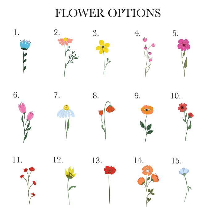 Illustrations of 15 different flower options on a white background