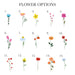 Illustrations of 15 different flower options on a white background
