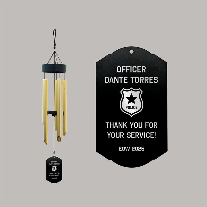 Personalized police retirement wind chime with a black sail and gold tubes