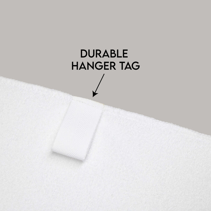 White hanger tag on a gray background with text 'DURABLE HANGER TAG'.