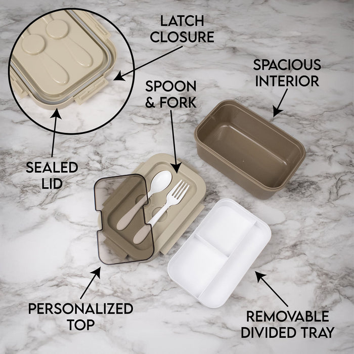 Personalized lunch box with labeled features on a marble background