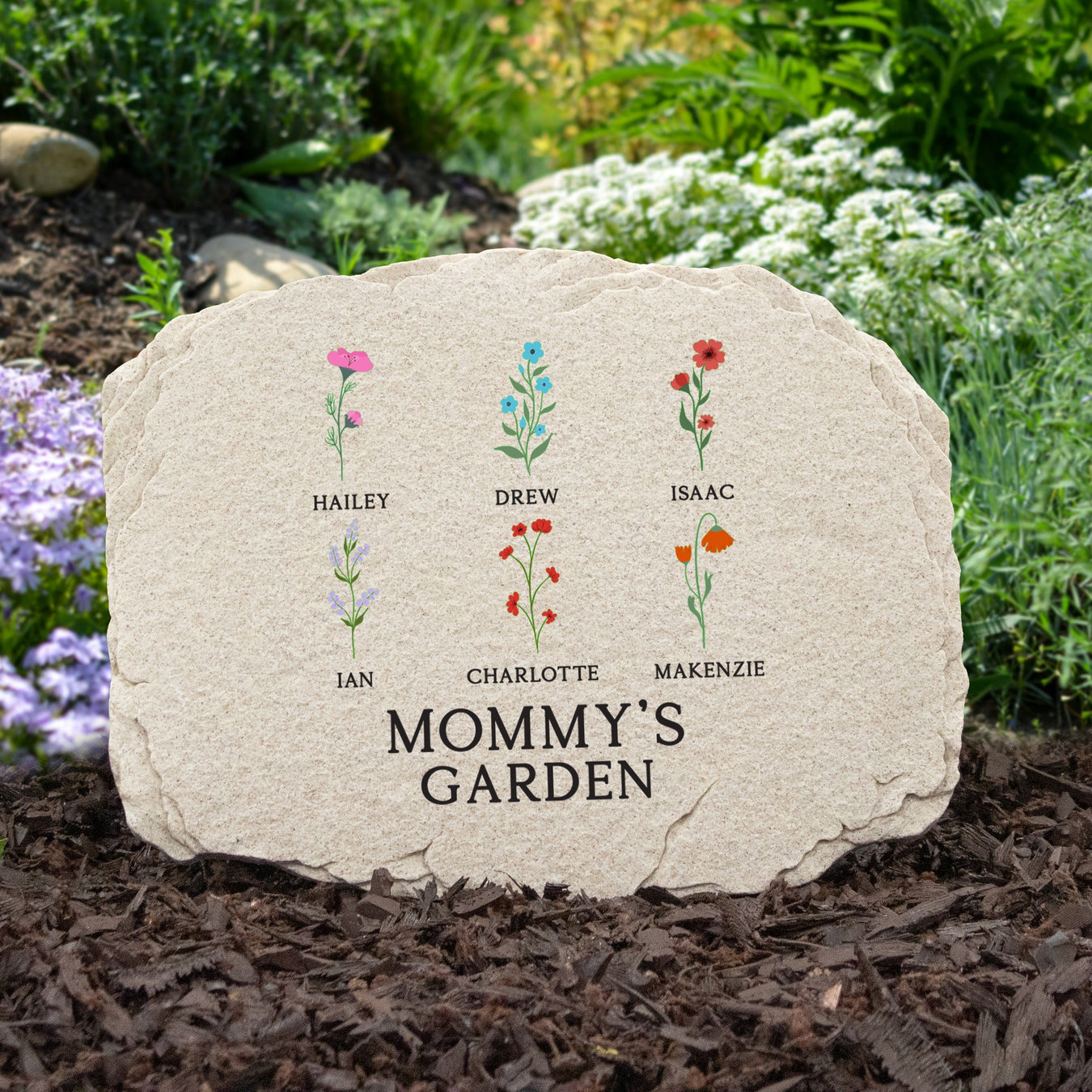 Mommy's Garden Stone Personalized with Kid's Names Beneath Flowers