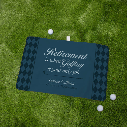 Golf-themed sign with humorous quote on a grass background with golf balls