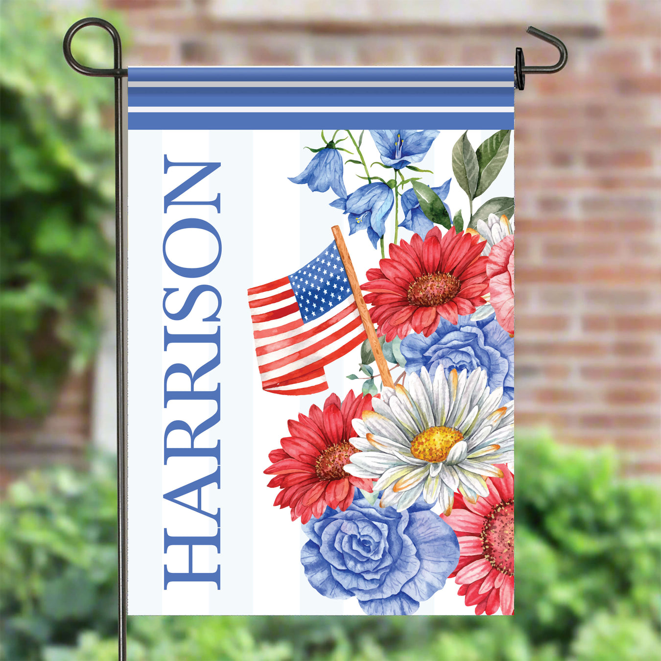 Personalized patriotic garden flag outdoors