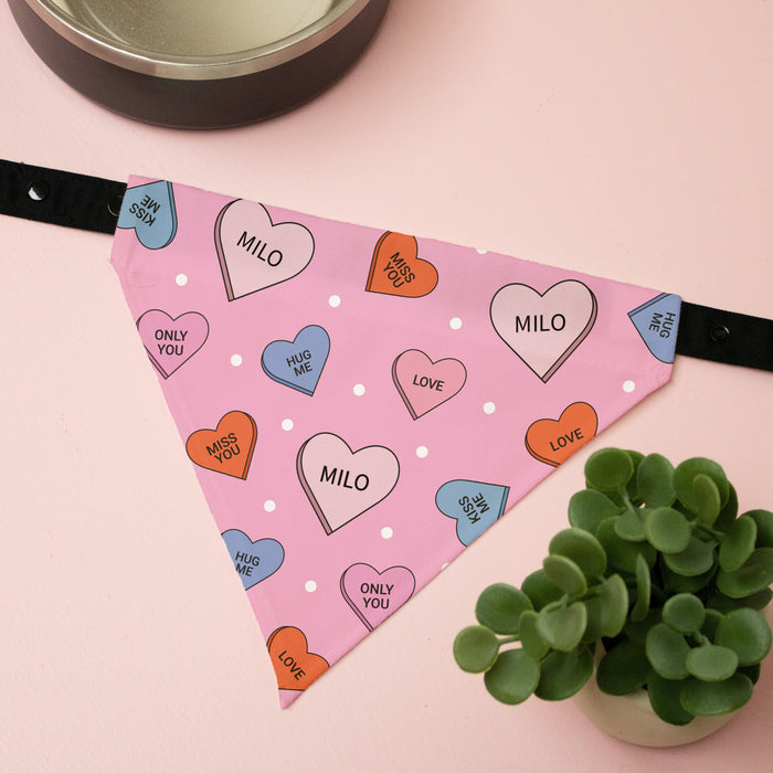 Personalized Valentine's Candy Hearts Dog Bandana with name on hearts, candy heart sayings, white polka dots, and pink background