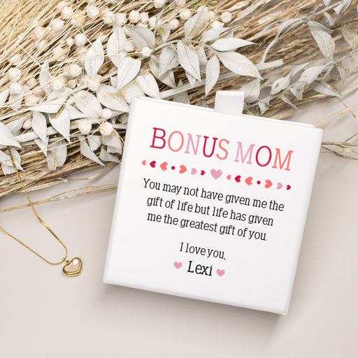 Personalized Bonus Mom Gold Heart Necklace Gift Box Set