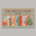Decorative mat with colorful books and teacher's name on a striped background