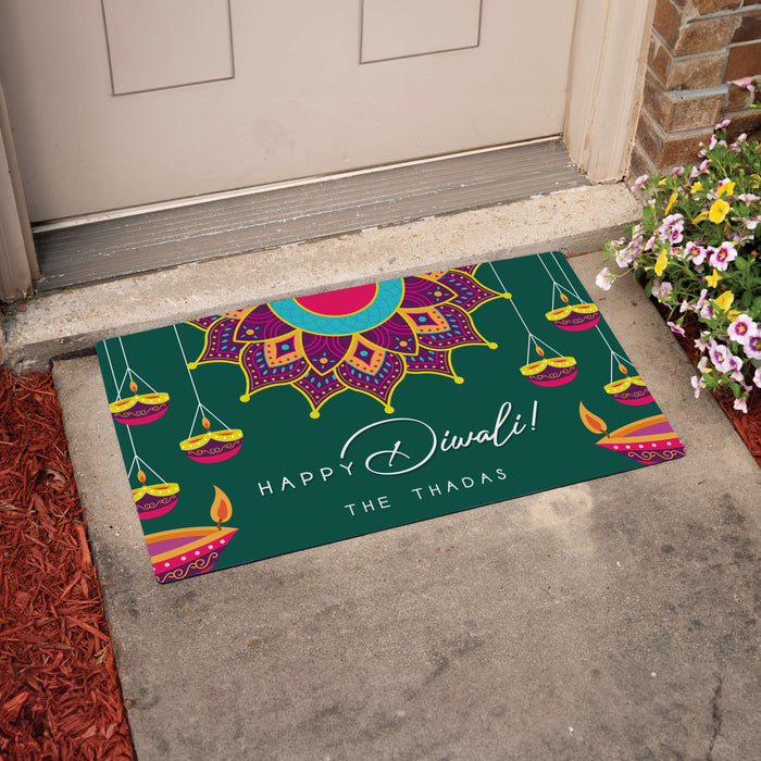 Decorative doormat with a personalized Diwali design on a doorstep