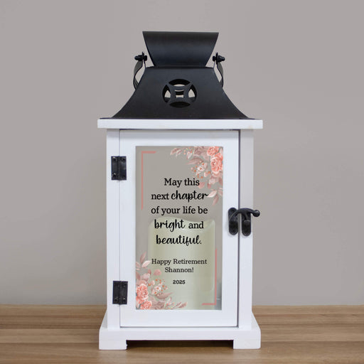 Decorative lantern with a personalized retirement message 