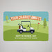Personalized golf towel with a golf cart and 'Your Chariot Awaits' text on a green field background.