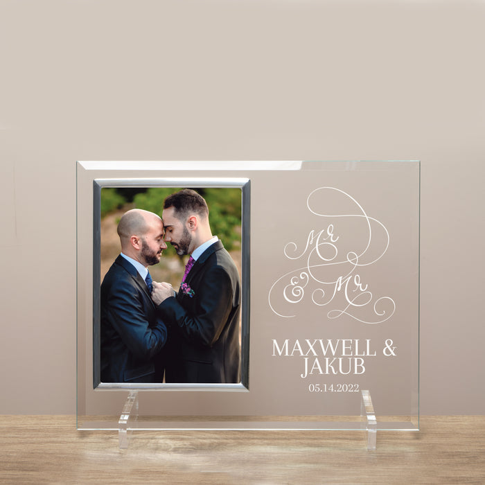 Personalized gay wedding photo frame with two men embracing, 'Mr & Mr' design, and personalized with the couple's names