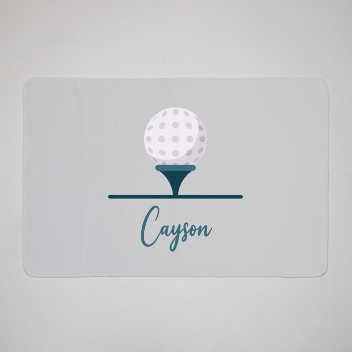 Personalized golf-themed golf towel on a light gray background