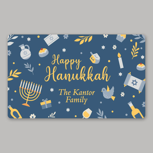 Happy Hanukkah welcome mat personalized with family name on a blue background