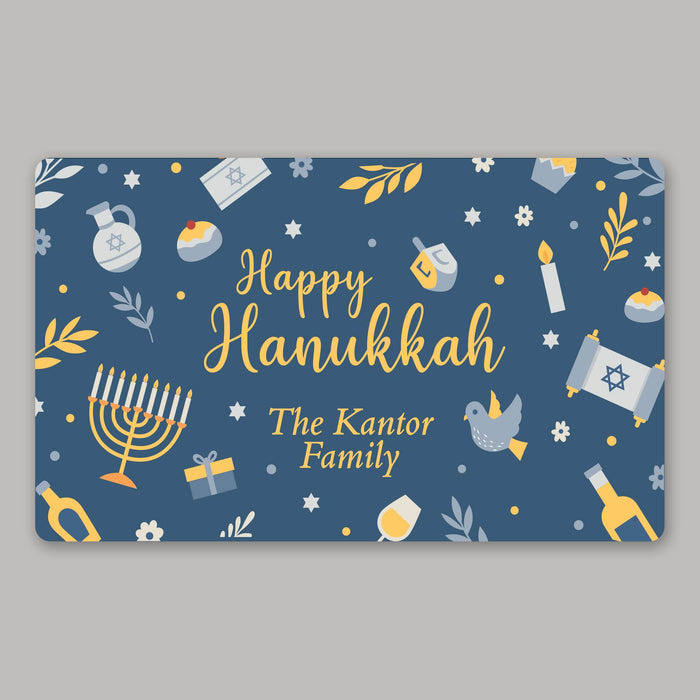 Happy Hanukkah welcome mat personalized with family name on a blue background