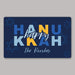 Happy Hanukkah welcome mat with colorful text on a blue background
