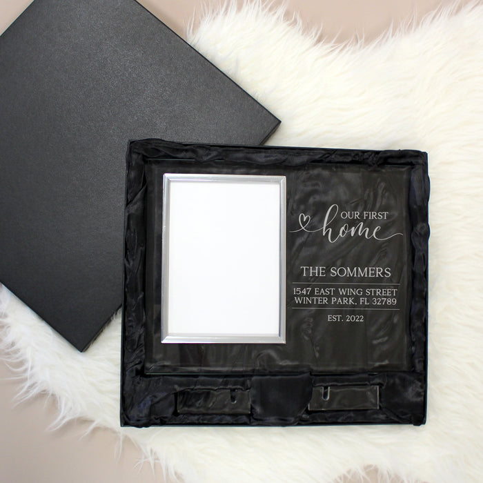 Personalized our first home glass picture frame in a black satin gift box