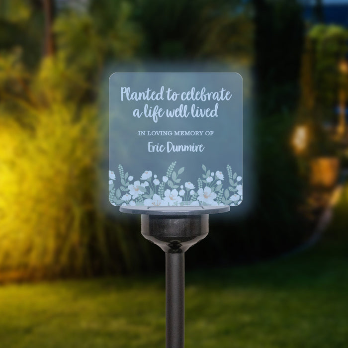 Personalized Planted to Celebrate a Life Solar Garden Stake at Night