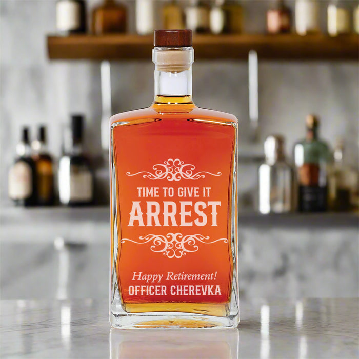 Personalized whiskey decanter gift for retired police officer sitting on a bar