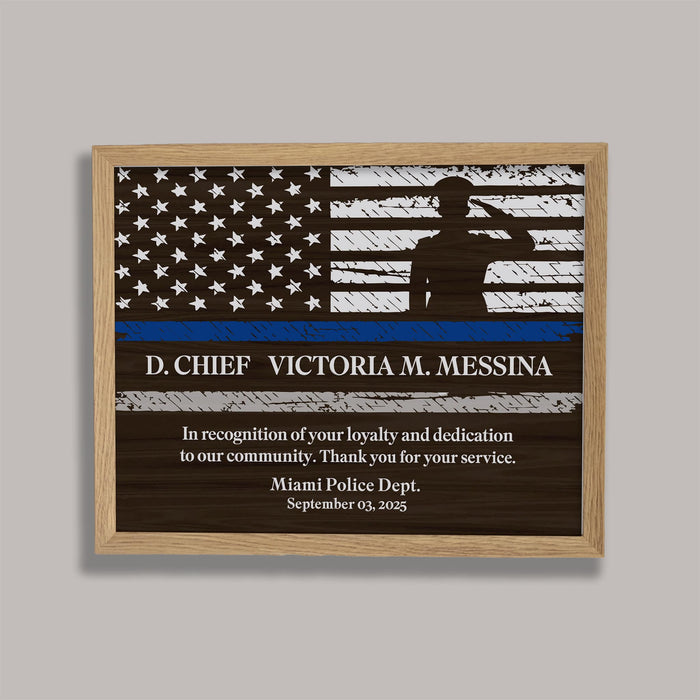 Framed personalized police retirement wall sign in a wooden frame