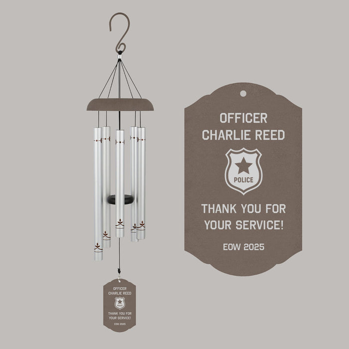 Personalized police retirement wind chime in silver and brown