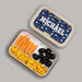 Personalized sports-themed Bento box with compartments of snacks on a gray background