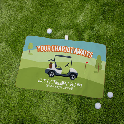 Personalized retirement golf towel with golf cart design on a grass background