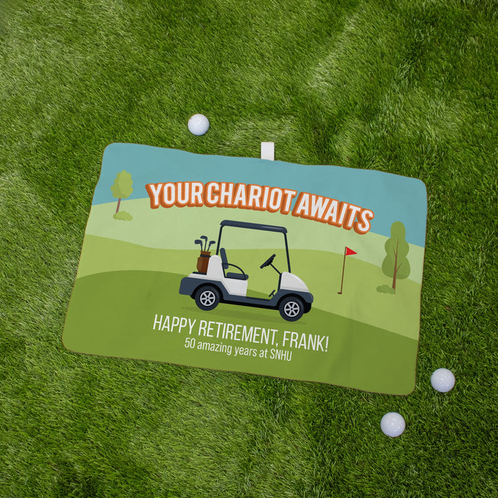 Personalized retirement golf towel with golf cart design on a grass background
